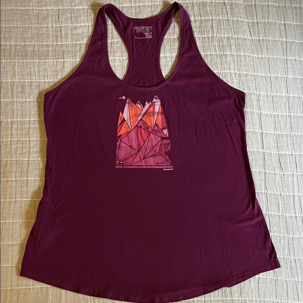 Patagonia Tank Top with mountain graphic; good condition, size L, cute!
